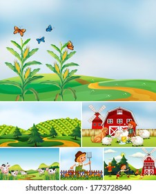 Set of different farm scenes with animal farm cartoon style illustration