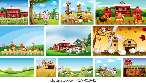 Set of different farm scenes with animal farm cartoon style illustration