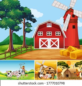 Set of different farm scenes with animal farm cartoon style illustration