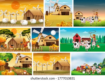 Conjunto de escenas de diferentes granjas con ilustraciones de dibujos animados de animales