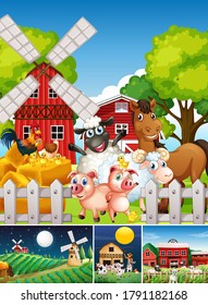 Set of different farm scenes with animal farm cartoon style illustration