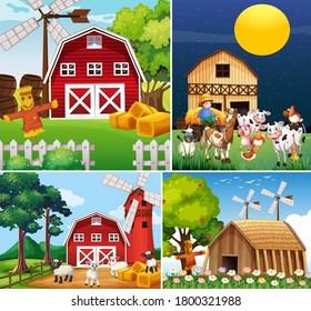 Set of different farm scenes with animal farm cartoon style illustration