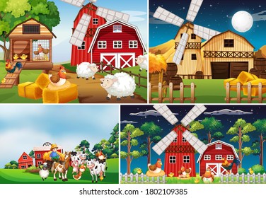 Set of different farm scenes with animal farm cartoon style illustration