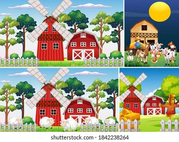 Set of different farm scenes with animal farm cartoon style illustration