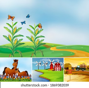 Set of different farm scenes with animal farm cartoon style illustration