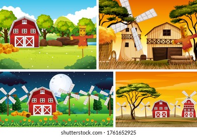 Set of different farm scenes cartoon style illustration