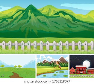 Set of different farm scenes cartoon style illustration