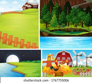 Conjunto de diferentes escenas de la granja ilustraciones de estilo de caricatura