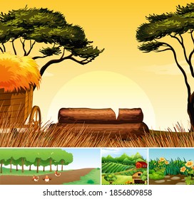 Set of different farm scenes cartoon style illustration