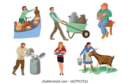 Set of different farmer people characters in various actions. Vector illustration in flat cartoon style.