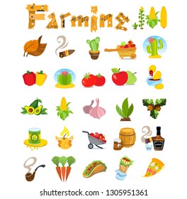 Set of different farming products grown on farms.