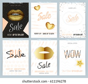 Set of different fashion card with gold lips and watercolor hand-drawn pattern for sale and discount.