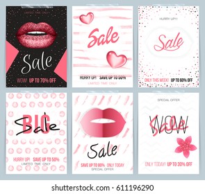 Set of different fashion card with red lips and watercolor hand-drawn pattern for sale and discount.