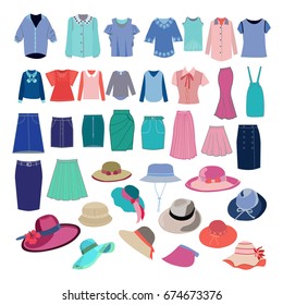 Set with different fashion cloth and accessories collection. Vector fashion women's shirts, skirts, hats for you design.