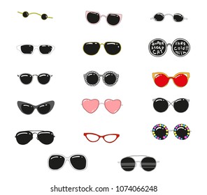 A set of different fashionable glasses. Without background