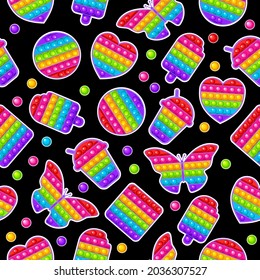 A set of different fashionable toys with simple dimple of rainbow color on a black background. Seamless pattern. Colorful sensory anti-stress toy for fidget pop it . Colorful silicone bubbles.