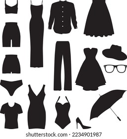 Set of different fashionable woman clothes black silhouettes on a white background