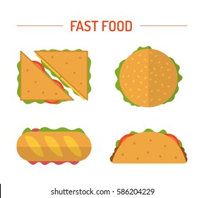 Set different fast food: hamburger, sandwiches, taco isolated on white background. Elements for design fast food restaurant, etc. Vector flat design illustration.

