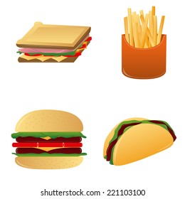 a set of different fast food on a white background