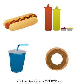 a set of different fast food on a white background