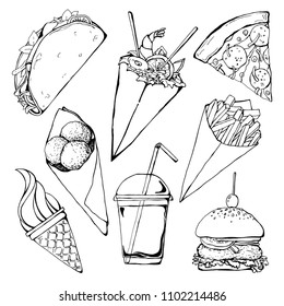 Set of different fast food. Vector illustration in sketch style.
