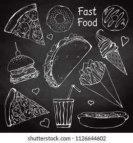 Set of different fast food. Vector illustration in sketch style.