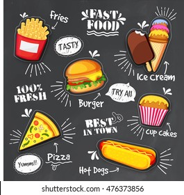 Set of different Fast Foods elements, Creative Typographic background, Can be used as Sticker, Label, Poster, Banner or Flyer design, Vector illustration.