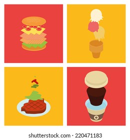 a set of different fast foods on colored backgrounds