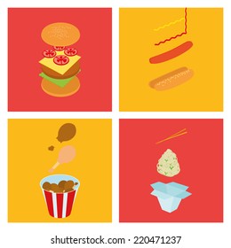 a set of different fast foods on colored backgrounds