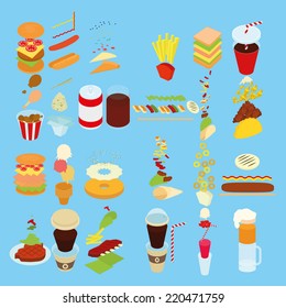 a set of different fast foods on a blue background