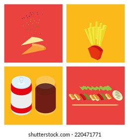 a set of different fast foods on colored backgrounds