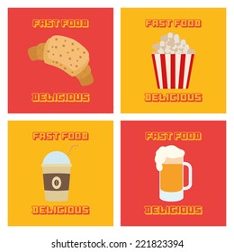a set of different fast foods on colored backgrounds