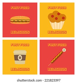 a set of different fast foods on colored backgrounds