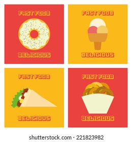 a set of different fast foods on colored backgrounds