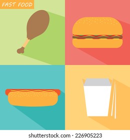 a set of different fast foods on colored backgrounds