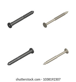 Set of different fasteners isolated on white background. 3D isometric style, vector illustration.