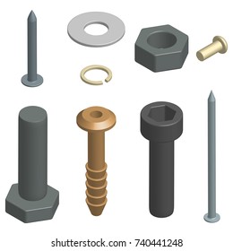 Set of different fasteners isolated on white background. 3D isometric style, vector illustration.