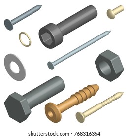 Set of different fasteners isolated on white background. 3D isometric style, vector illustration.