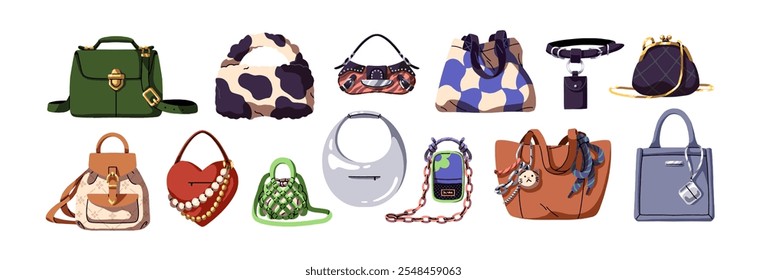 Set of different female bags: tote, clutch, crossbody, shoulder. Stylish leather and textile handbags, purses with various sizes and shapes for girls. Flat isolated vector illustration on white