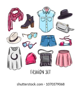 set of different female clothing and accessories. hand-drawn illustration