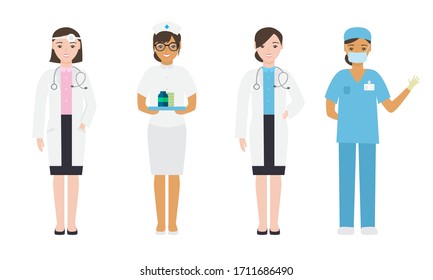 Set of different female doctors and nurses in medical attire engaged in their work. Vector illustration in flat cartoon style