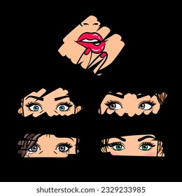 Set of different female eyes seen through glass. Frightened look of a woman. Vector of girl eye design, style isolated beauty eyes, facial beautiful different, fashion human illustration