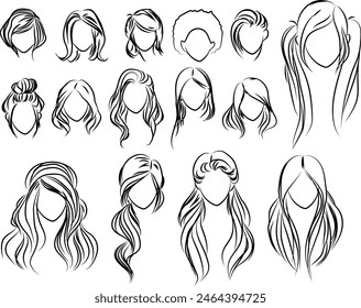 A set of different female hairstyles hand-drawn illustration: showcasing diverse, stylish looks, perfect for fashion inspiration, beauty guides, and artistic projects.