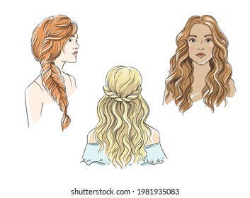 
Set of different female hairstyles with long hair  vector illustration