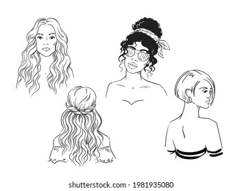 
Set of different female hairstyles   vector black and white sketch