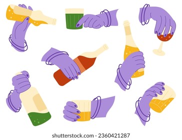Conjunto de diferentes manos femeninas con botellas y gafas con alcohol. Problemas de salud mental. Elementos simbólicos sobre el tema del alcoholismo femenino. Colección de ilustraciones cartográficas planas vectoriales.