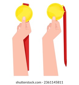 Set of different female hands with gold medal and red ribbon