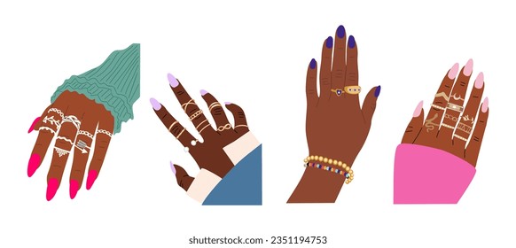 Conjunto de diferentes manos femeninas con manicura moderna, dorado, anillos de dedos de plata, pulseras en la muñeca. Tratamiento de uñas, belleza, concepto de publicidad de joyas. Ilustraciones de vectores planos sobre fondo blanco