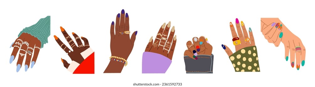 Set of different Female hands with modern manicure, golden, silver finger rings, bracelets on wrist. Nail treatment, beauty, jewelry advertising concept. Vector illustration on white background