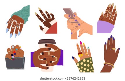 Conjunto de diferentes manos femeninas con manicura moderna